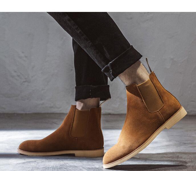 Autumn and Winter British Martin Boots Pointed Casual Shoes Leather High-top Men's Chelsea Boots Motorcycle Boots Yellow color