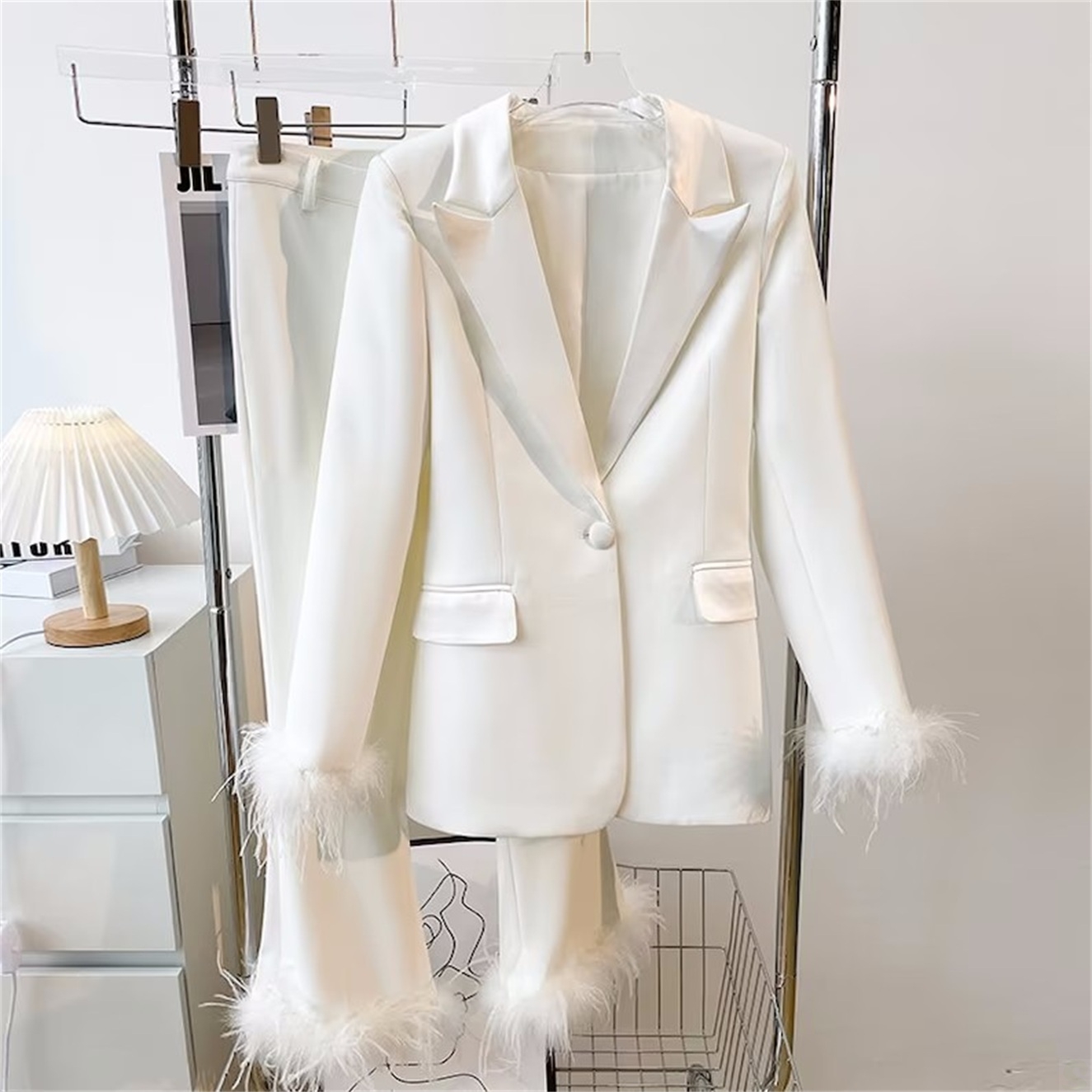Ostrich Feather Mother of the Bride Pants Suits Women Ladies Formal Evening Party Blazer Wear Jacket 2 Pieces
