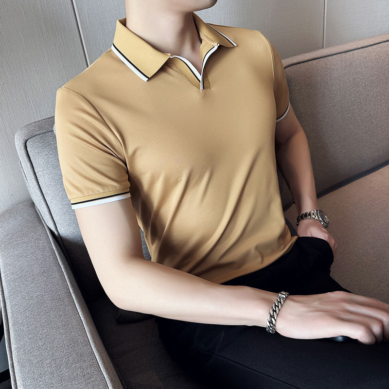 Men's Polos Summer Style Men's Casual Slim Fit Short Sleeve Solid Color POLO Shirt British Slim Lapel Color Blue T-shirt Polo S-4XL 230325