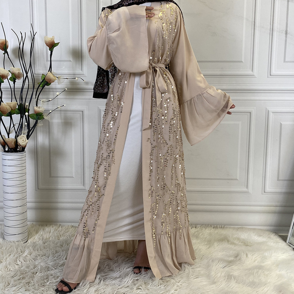 Ethnic Clothing Woman Muslim Abaya Sequins Chiffon Cardigan Dress Fashion Casual Turkey Caftan Saudi 230324