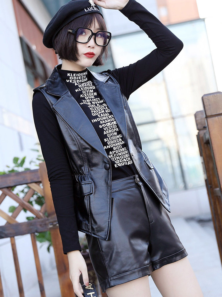 Women's Jackets Leather Vest Waistcoat Spring Autumn Sheepskin Nipped Waists Tops Genuine Slim Sleeveless Female Small Outer Wear 230324