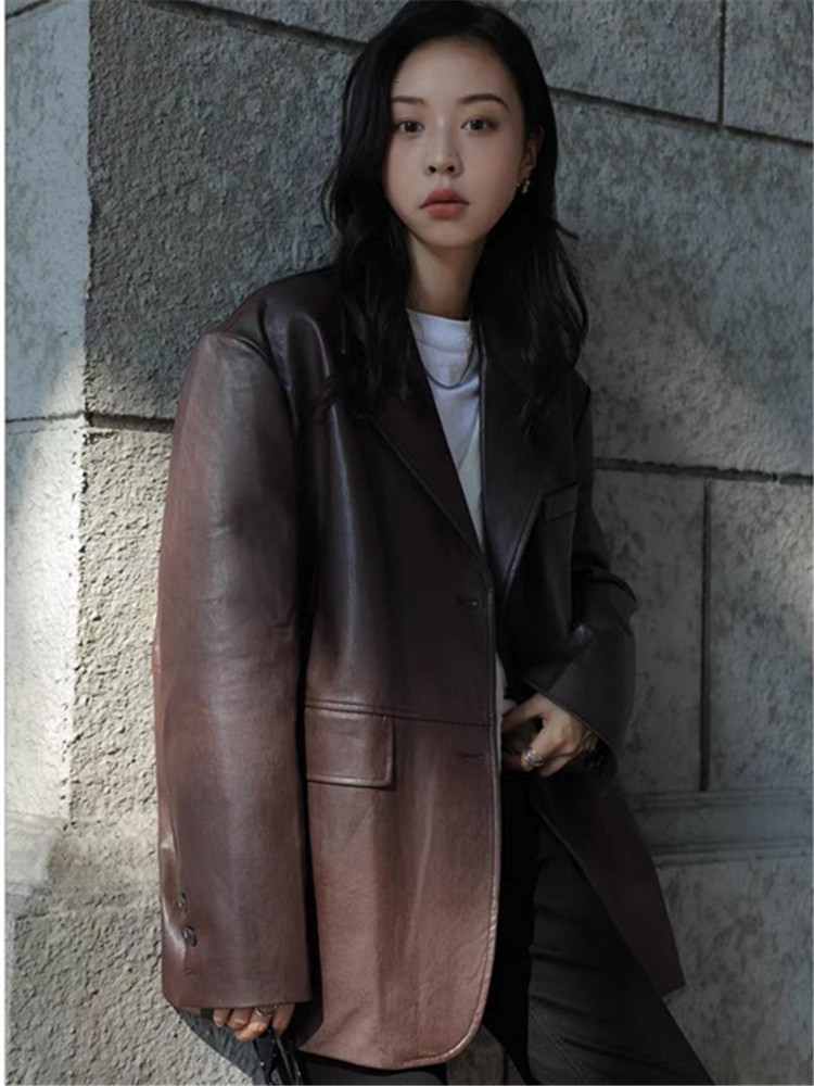 Women's Jacket Fashion Front Button Faux Leather Blazer Coat Spring Vintage Long Sleeve Flap Pockets Female Outerwear Chic Veste Femme 230324
