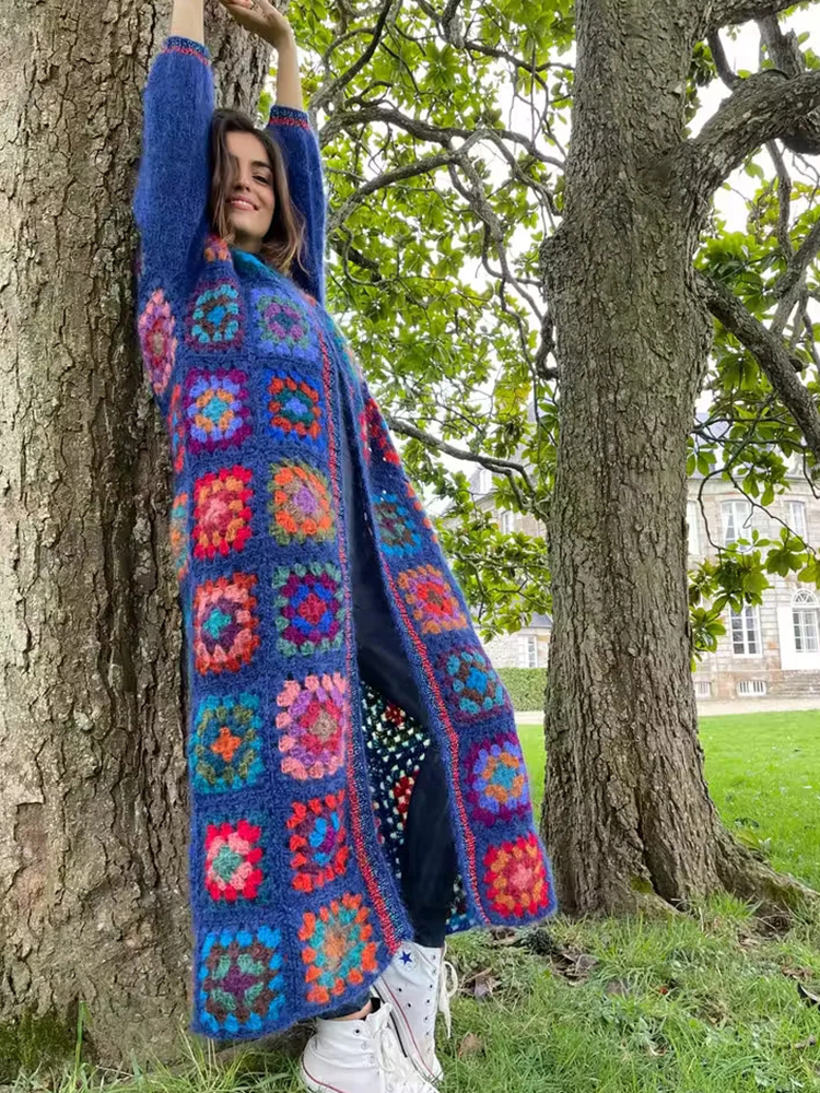 Women's Knits Tees GypsyLady Vintage Handmade Kintted Sweater Cardigan Multicolor Crochet Women Winter Beige Long Outerwear Coat 230324