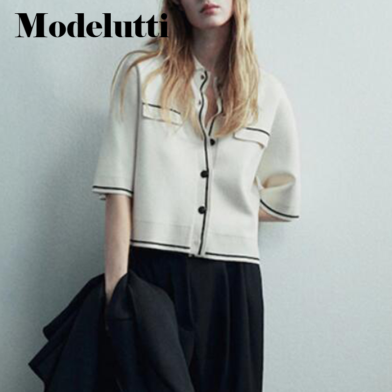 Women's Knits Tees Modelutti 2023 Spring Women Fashion Color Clash Short Sleeve Knitted Sweater Cardigans Coat Versatile Tops Female Chic 230324