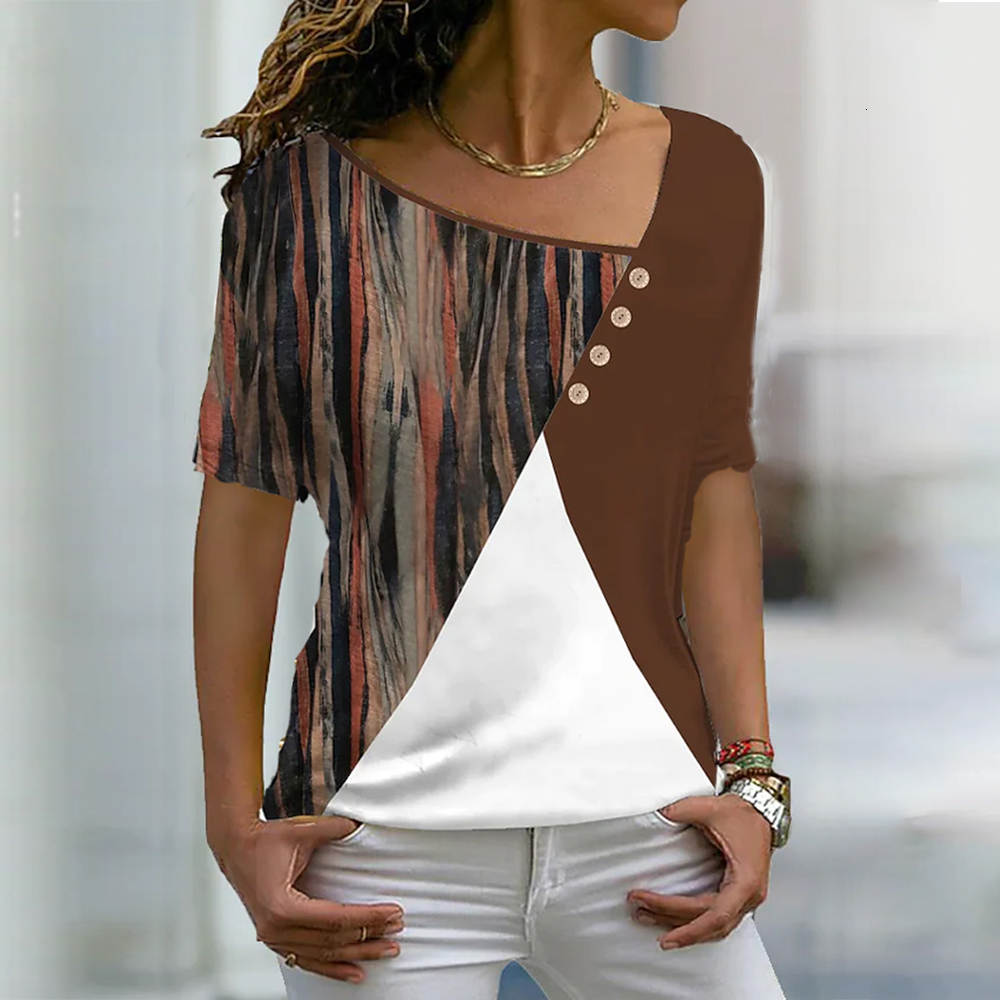 Women's T-Shirt Women's T Shirt Patchwork Striped Print Tops Simple Wind Casual Short Sleeve Oversized Harajuku Clothes Female Fashion Tees 