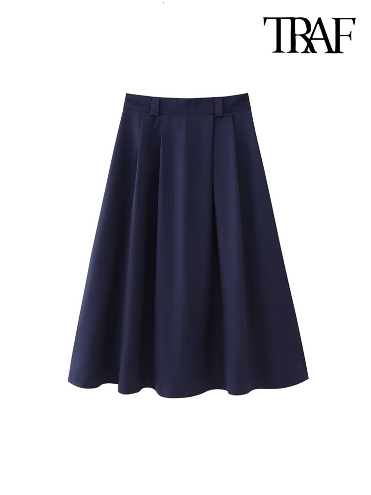 Two Piece Dress TRAF Women Fashion Front Button Blazer Coat And High Waist Back Zipper Pleated Midi Skirt Female Sets Mujer 230324