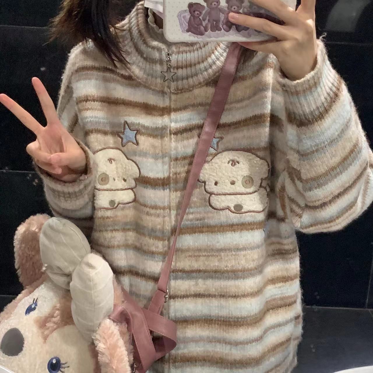 Women's Knits Tees Harajuku Knitted Cardigan Femme Striped Autumn Zipper Y2k Aesthetic Japanese Kawaii Dog Embroidery Womens 230324