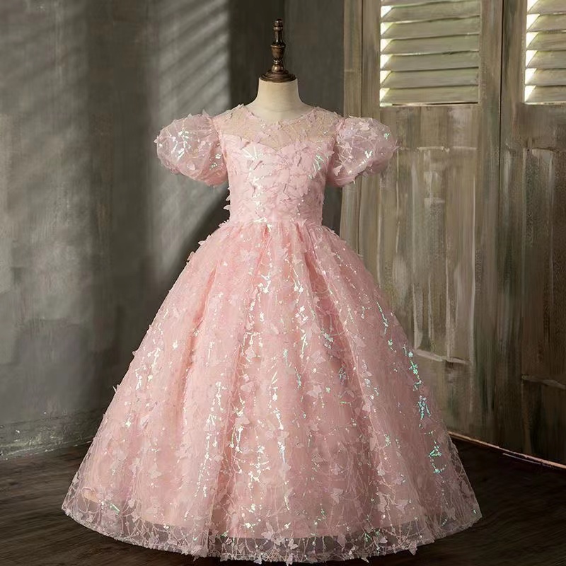 S Pink Flower Dresses Appliques Ball Gown Sequined Birthday Party Girls Pageant Gowns Lace Applique First Communion Princess Dress 403