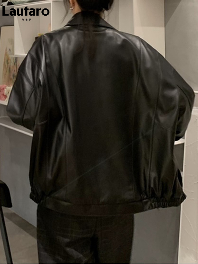 Women's Jackets Lautaro Spring Autumn Cool Retro Casual Oversized Black Waterproof Soft Faux Leather for Women Zipper Elastic Waist 230324
