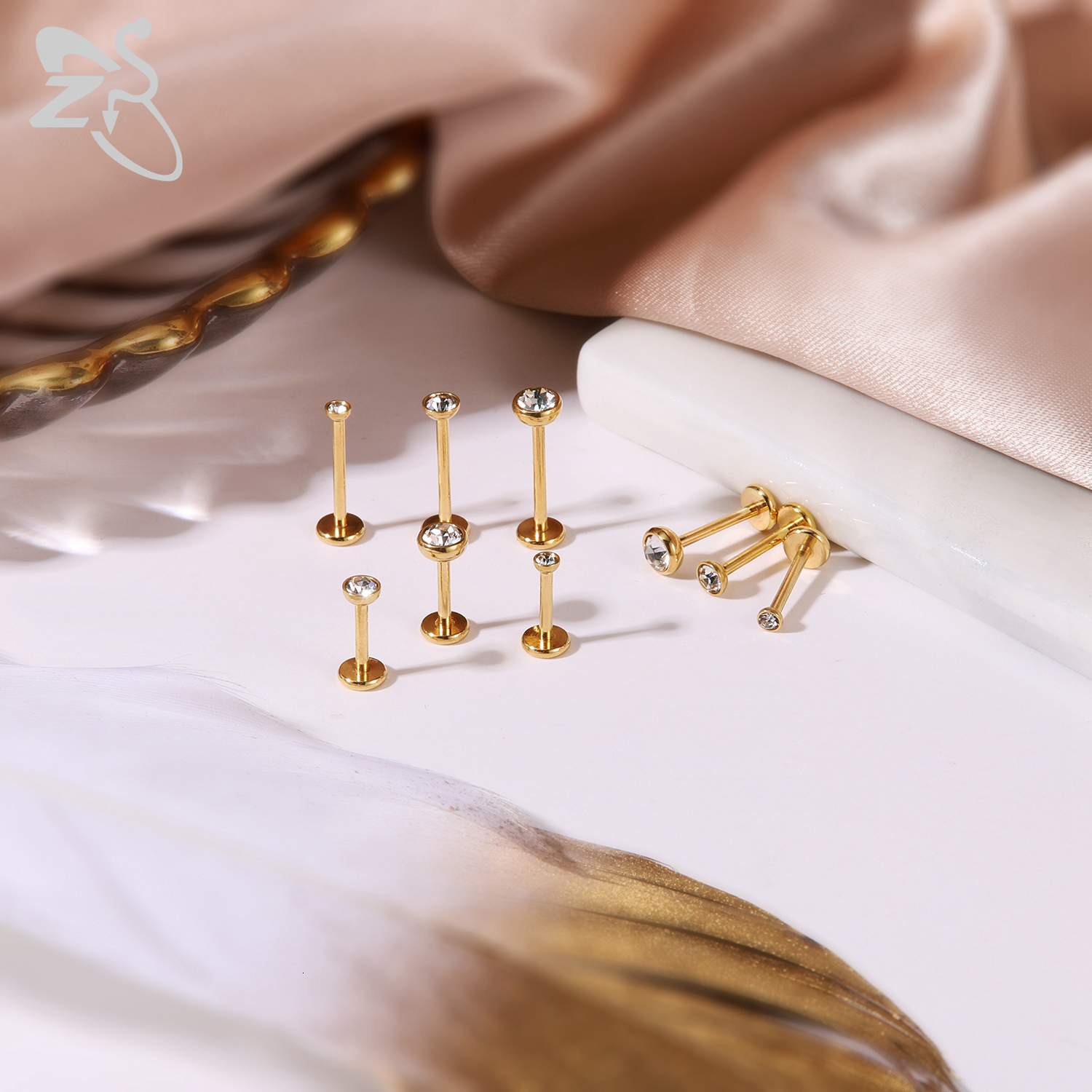 Nose Rings Studs ZS 10 Pcslot Gold Color 1618G Stainless Steel Labret Lip Piercing CZ Crystal Ear Cartilage Tragus Helix Piercings Set 6810MM 230325