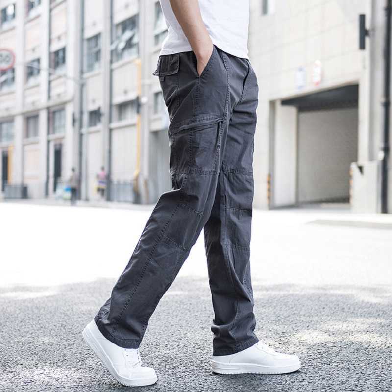 Men's Pants Big Size Men's Cargo Trousers Straight Leg Work Pant Men Loose Fit Cotton Summer Wide Overalls Male Side Multi Pocket large size