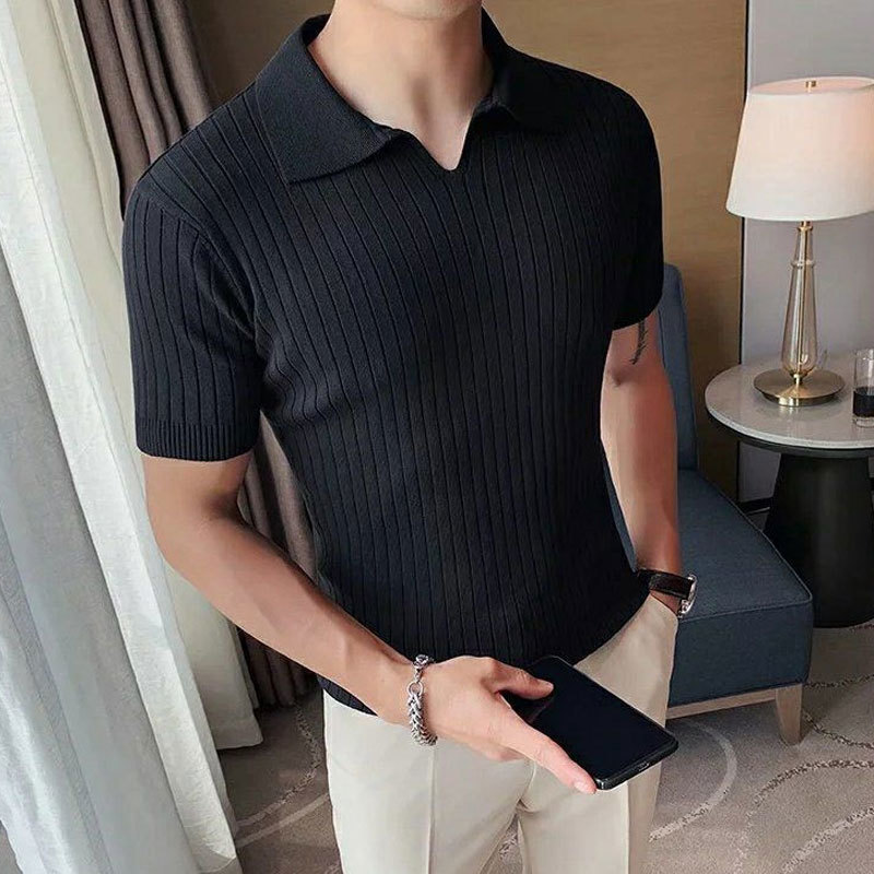 Men's Polos Summer Short Sleeve Fashion Polo Shirts Solid Color All-match Men's Clothing Striped Casual Slim Korean Knitted T-shirts 230325