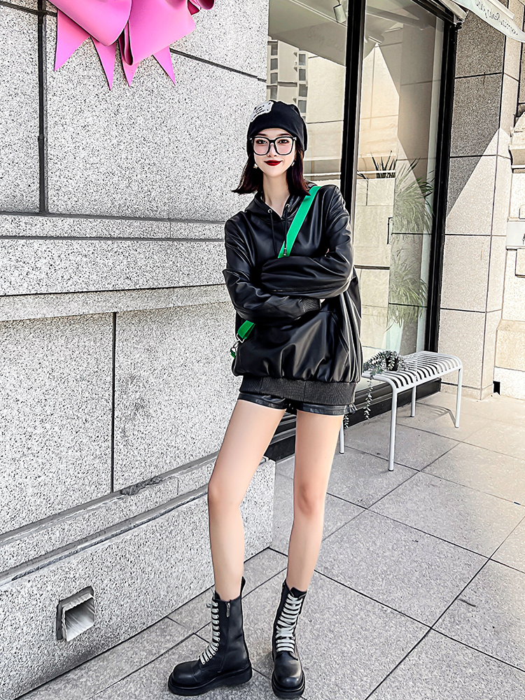 Women's Jackets Spring Autumn Black Long Sleeve Loose Leather Hoodies Man Women Y2k Clothes Pullover Coat Casual Pu MXXXL 230324