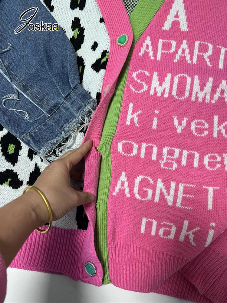 Women's Knits Tees Joskaa Women Knitted Oversized Sweaters 2023 Denim Patchwork Leopard Vneck Long Sleeve Cardigans Coat Female Outwear Streetwea