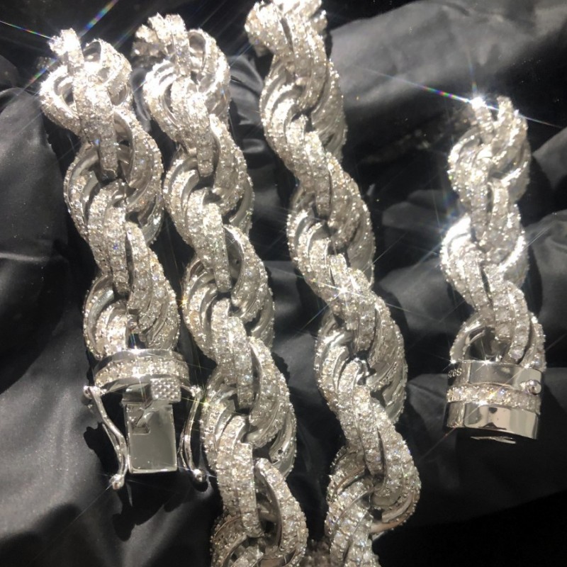 Moissanite Chains 12mm 18-24inch 925 Sterling Silver Passed Test Moissanite Rope Chain Necklace for Women/Men Nice Gift