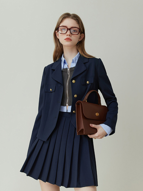 Two Piece Dress FSLE British College Style Suit Coat For Women Spring Autumn 2023 Deep Blue Skirt TwoPiece Loose 230324