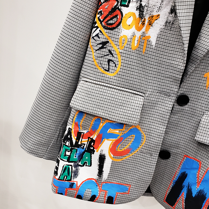 Women's Suits Blazers Autumn Fashion Plaid Blazer Women Letter Graffiti Print Outerwear Female Casual Jacket Chic Korean Coats 230325