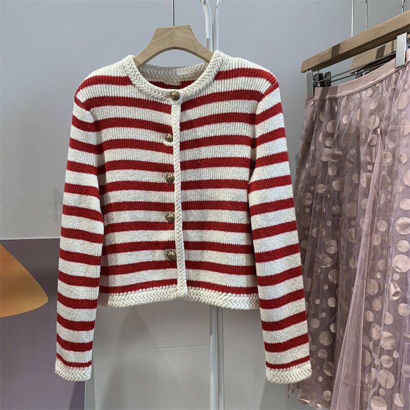 Women's Knits Tees Modishdutti 2023 High Quality Spring Women Fashion Red Striped Knitted Sweater Cardigans Female Casual Chic Button Tops Ladies