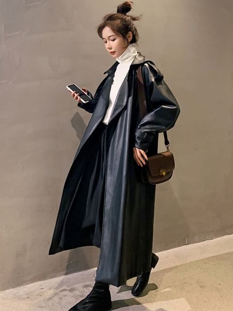 Women's Jackets Nerazzurri Spring Black Oversized Long Waterproof Leather Trench Coat for Women Sleeve Loose Korean Fashion Clothing 230324