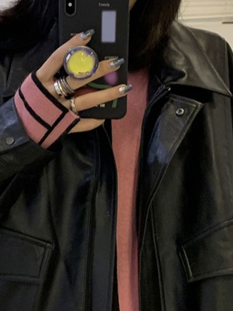 Women's Jackets Lautaro Spring Autumn Cool Retro Casual Oversized Black Waterproof Soft Faux Leather for Women Zipper Elastic Waist 230324