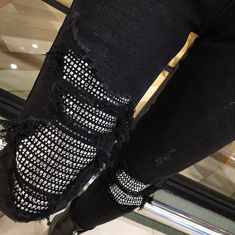 Women's Jeans Spring Autumn Hole Sequined Women Streetwear High Elastic Stretch Skinny Pencil Pants Female Denim Trousers 230325