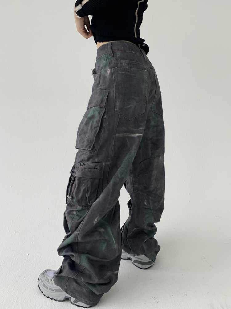 Women's Pants s LGRQ 2023 Autumn Fashion Trousers Loose Wide Leg Tie Dye Patchwork High Wiast Pockets Multiple Cargo 17A1165H 230325