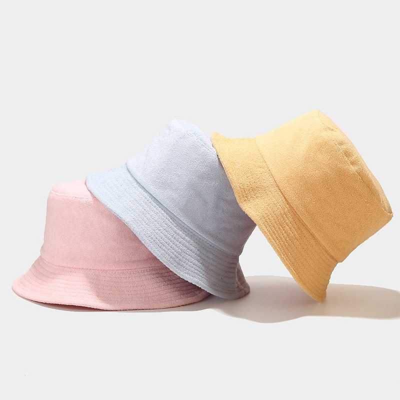 Wide Brim Hats 2022 Autumn Terry Cloth Towel Bucket Hat Women Men Candy Colors Panama Sun Fisherman Hat P230311