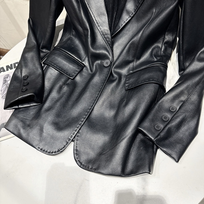 Women's Jackets BORVEMAYS 2023 Spring Fashion Trend Black Coat Lapel Single Button Solid Color PU Leather Loose Allmatch Jacket Women 230324