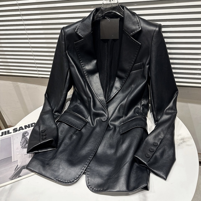 Women's Jackets BORVEMAYS 2023 Spring Fashion Trend Black Coat Lapel Single Button Solid Color PU Leather Loose Allmatch Jacket Women 230324
