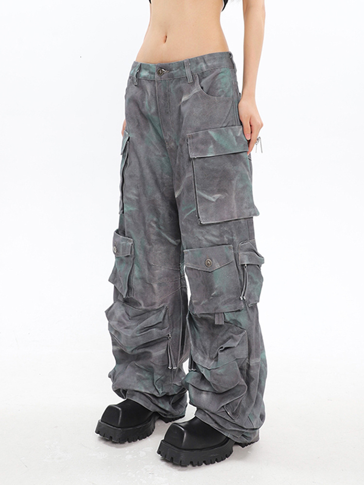 Women's Pants s LGRQ 2023 Autumn Fashion Trousers Loose Wide Leg Tie Dye Patchwork High Wiast Pockets Multiple Cargo 17A1165H 230325
