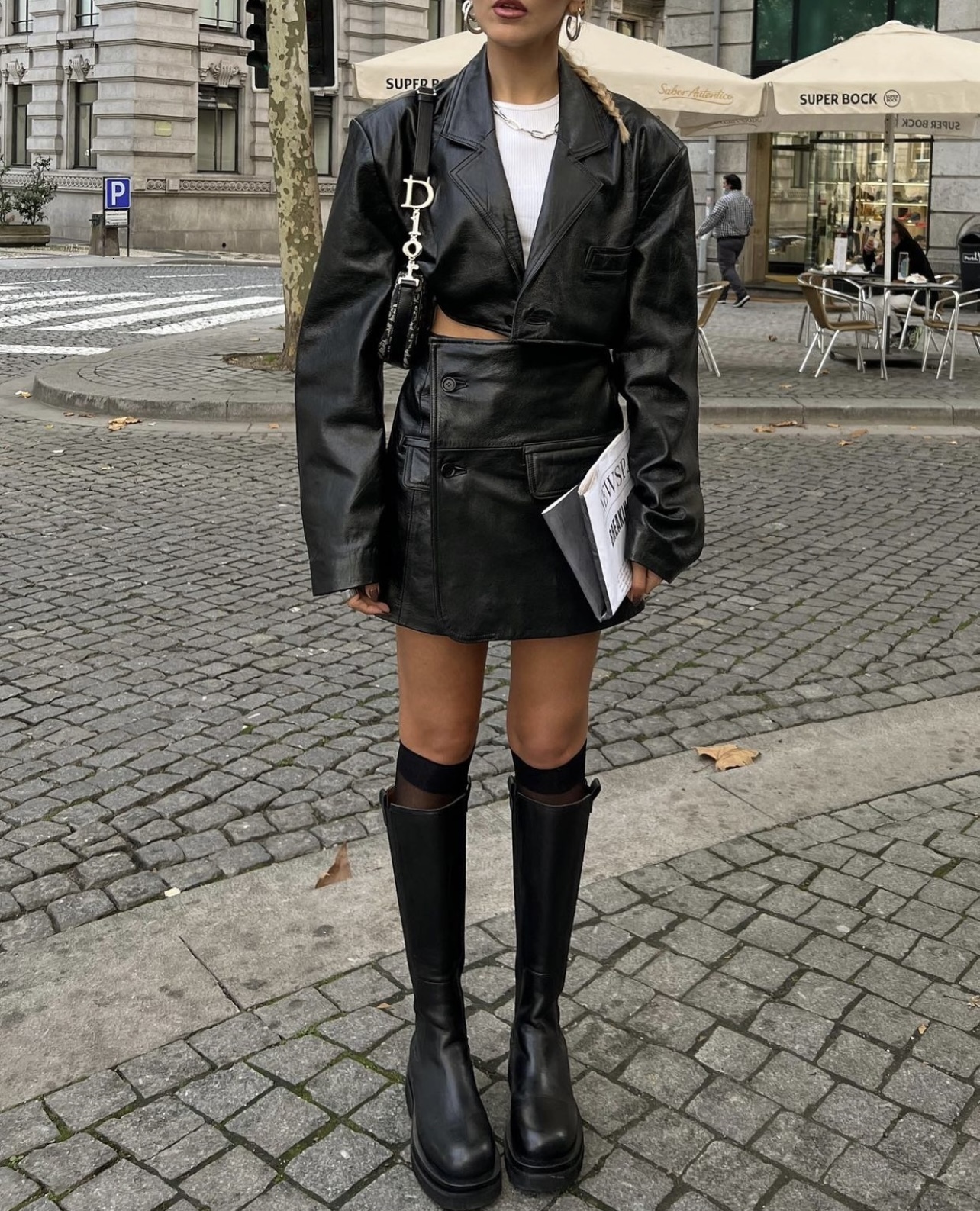 Two Piece Dress Autumn Spicy Girls Black Casual Short Suit Coat Pocket Vintage High Waist Skirt Small Leather Women's FashionSet 230324