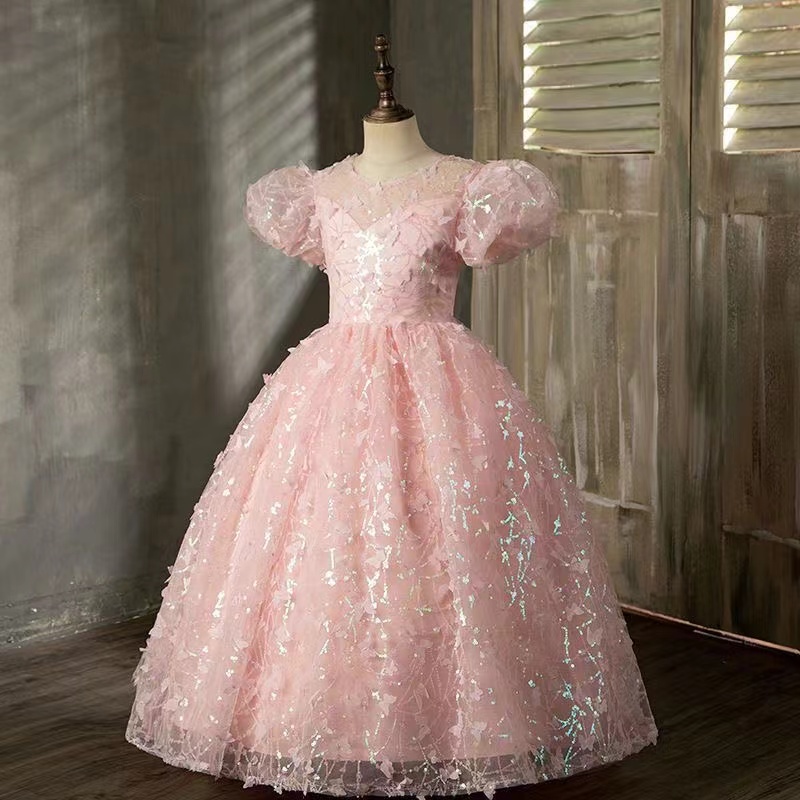 S Pink Flower Dresses Appliques Ball Gown Sequined Birthday Party Girls Pageant Gowns Lace Applique First Communion Princess Dress 403