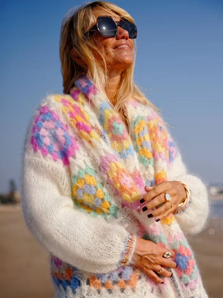 Women's Knits Tees GypsyLady Vintage Handmade Kintted Sweater Cardigan Multicolor Crochet Women Winter Beige Long Outerwear Coat 230324