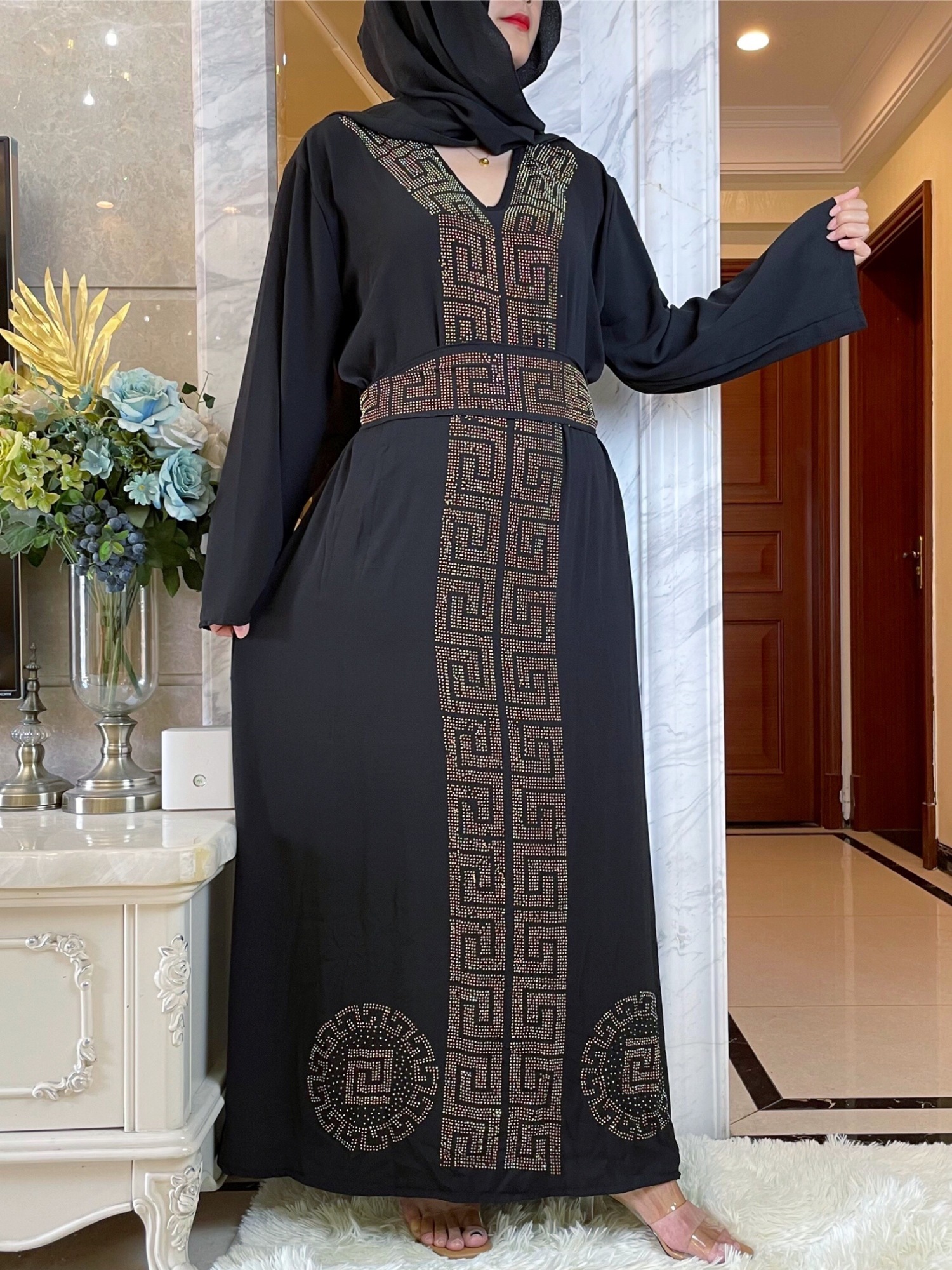 Ethnic Clothing African Autumn Abaya For Women Dubai Islamic Dress Black Diamonds Long Sleeve Arab Muslim Evening Dress Party Clothing 230325