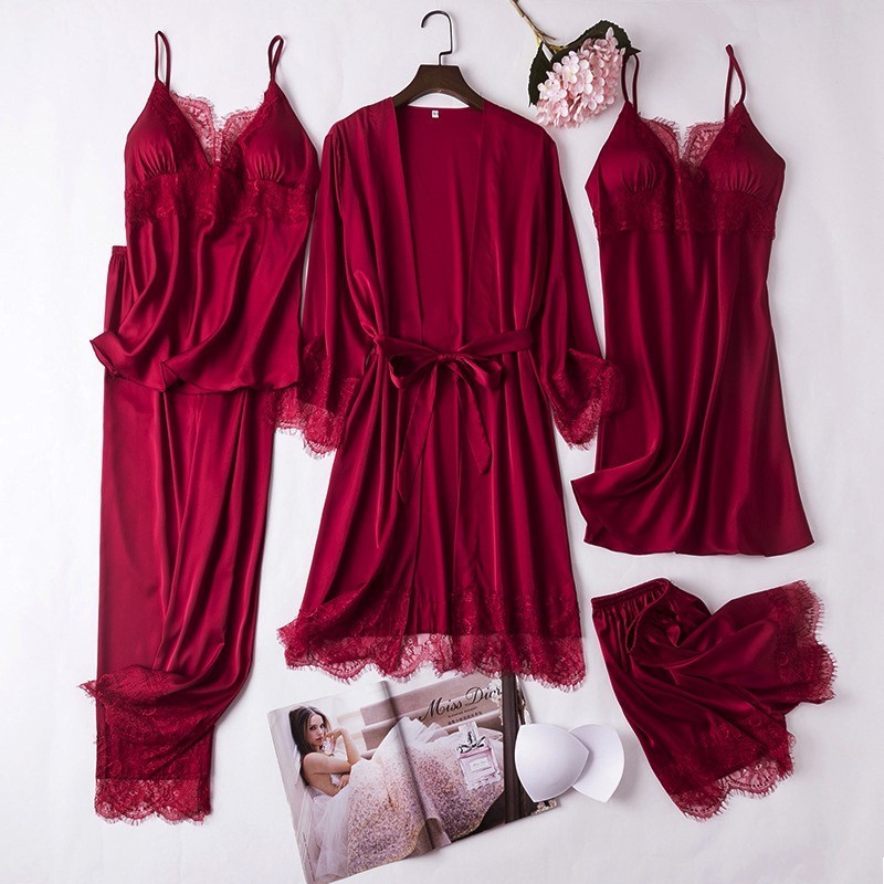 Women's Sleepwear Sexy Full Slip Lace White Silk Pajamas Set Women Chemise Bride Wedding Robe Nightgown Sleepwear Kimono Bathrobe Lingerie 230325