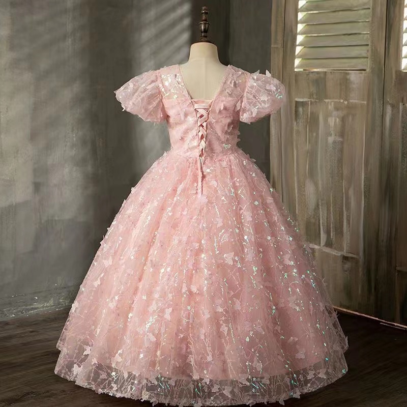 S Pink Flower Dresses Appliques Ball Gown Sequined Birthday Party Girls Pageant Gowns Lace Applique First Communion Princess Dress 403