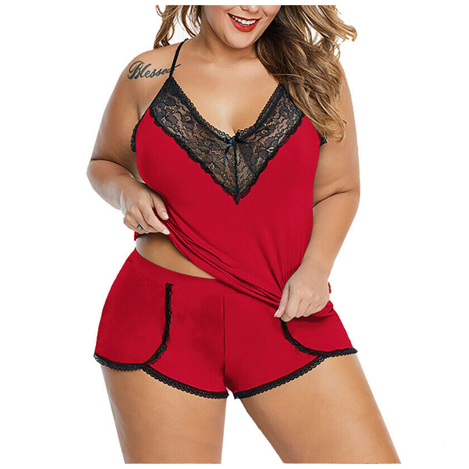 Women's Sleepwear Plus Size Sexy Spaghetti Strap Lace Pajama Set Sleeveless Pyjamas Shorts Set Lace Pijama Suit Women Nighties Pijama Mujer 23032
