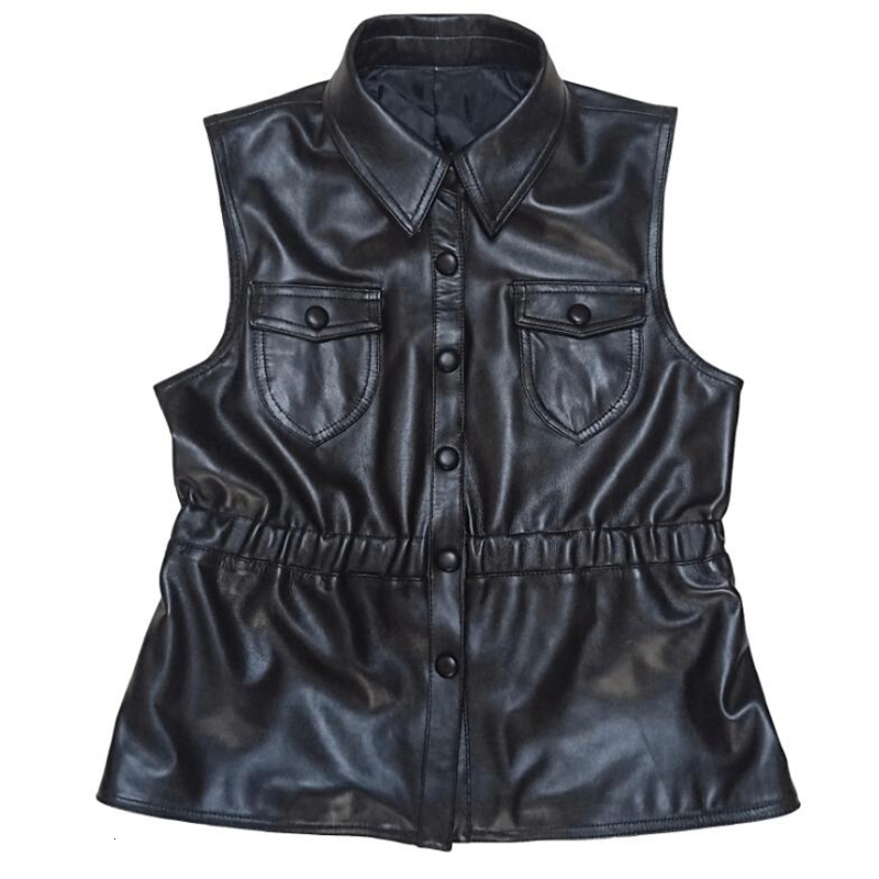 Women's Jackets Leather Waistcoat Spring Autumn Lapel Short Sheepskin Tops Genuine Slim Sleeveless Vest Outer Wear 230324