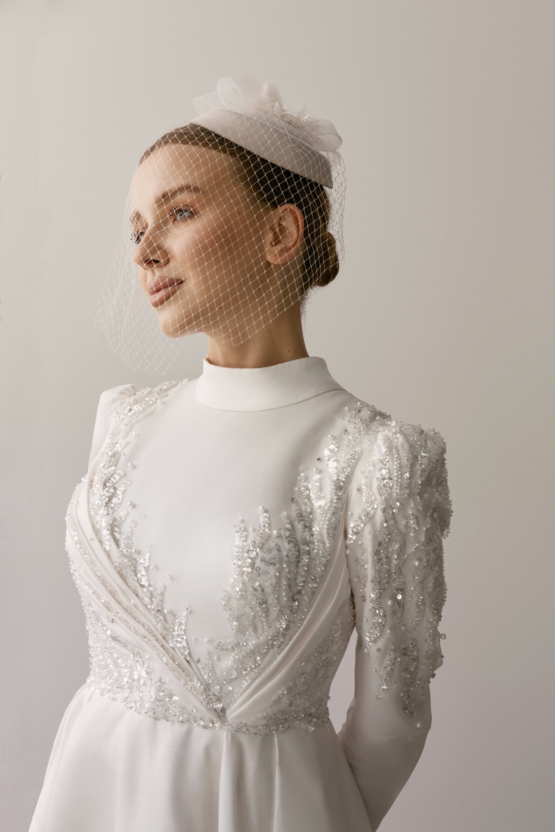 Modest Beaded Wedding Dresses Muslim Sequined Bridal Gowns High Collar With Long Sleeves A Line Ankle Length Satin Vestido De Novia