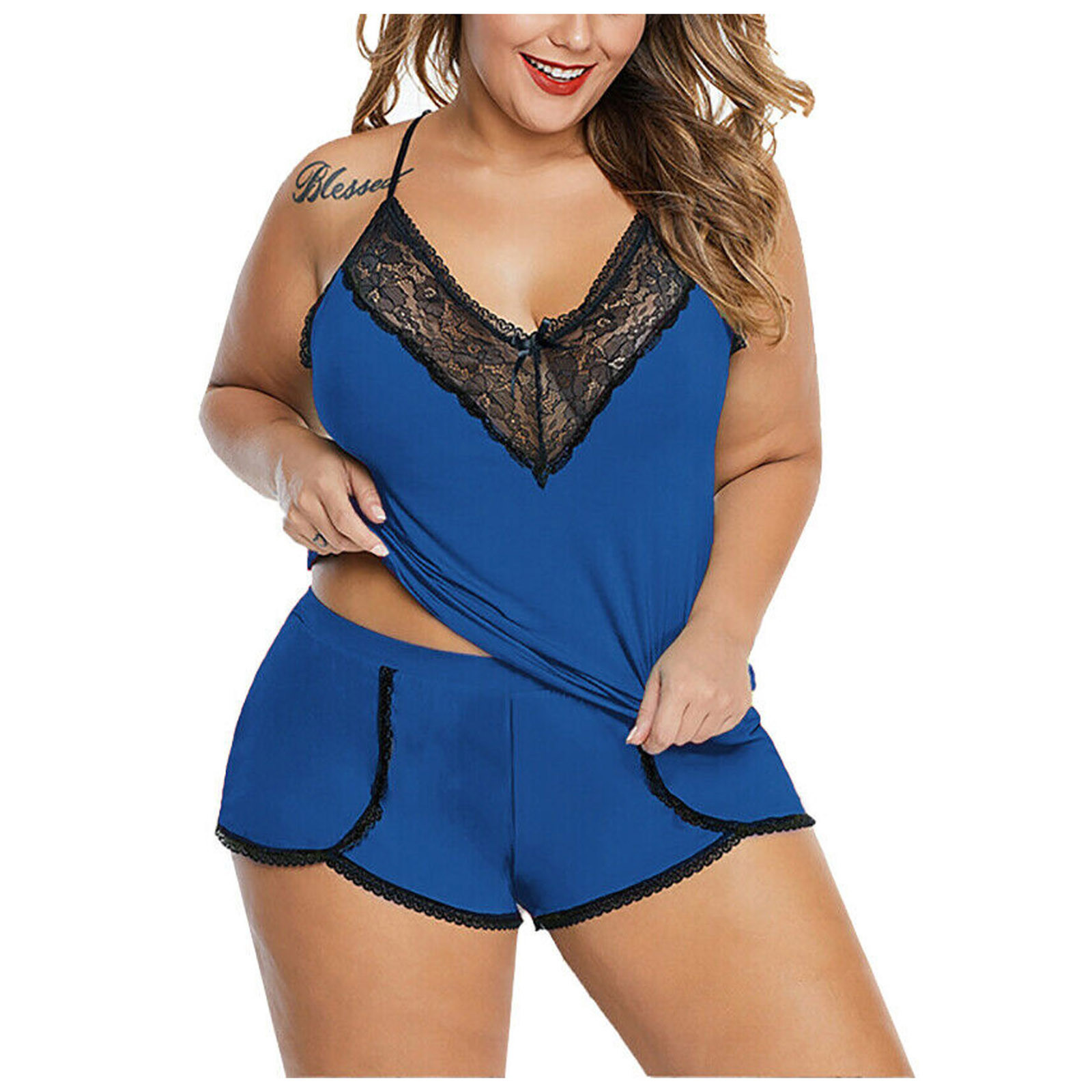 Women's Sleepwear Plus Size Sexy Spaghetti Strap Lace Pajama Set Sleeveless Pyjamas Shorts Set Lace Pijama Suit Women Nighties Pijama Mujer 23032