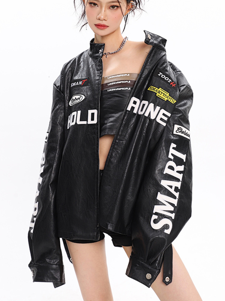 Women's Jackets SHENGPALAE Leather Coats American Vintage Loose Lettered Moto Bike Jacket 2023 Spring Zipper Long Sleeve Overcoat 5R857 230324