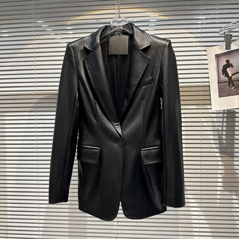 Women's Jackets BORVEMAYS 2023 Spring Fashion Trend Black Coat Lapel Single Button Solid Color PU Leather Loose Allmatch Jacket Women 230324