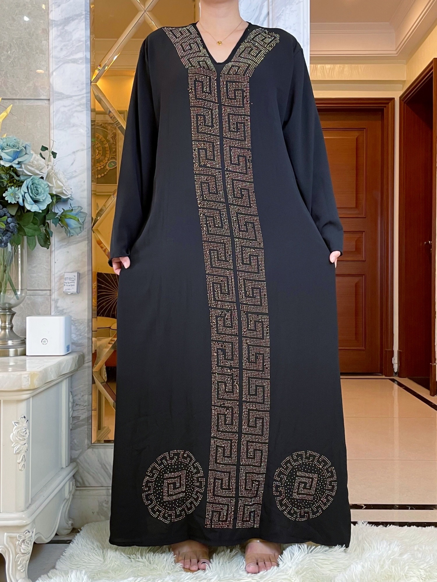 Ethnic Clothing African Autumn Abaya For Women Dubai Islamic Dress Black Diamonds Long Sleeve Arab Muslim Evening Dress Party Clothing 230325