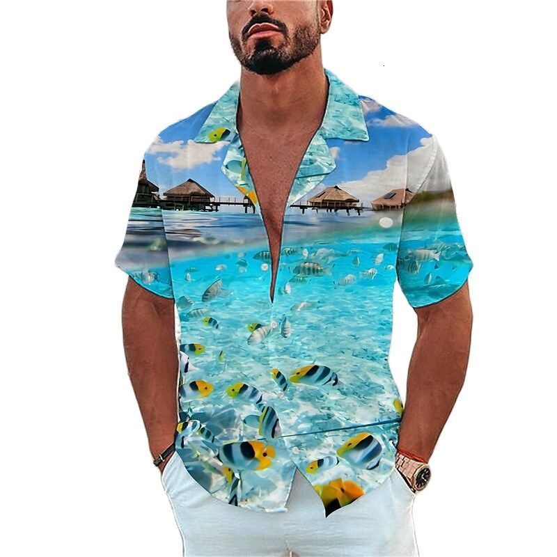 Mens Casual Shirts Marine Life Printing Tees Beach Vacation Style Hawaiian Fashion Lapel Single-Breasted Leisure Short SleeveTops