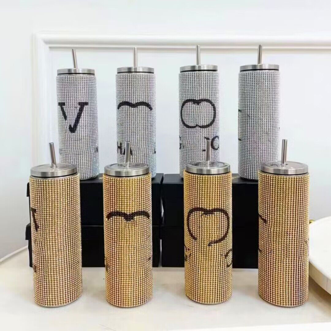 Luxury Brand Fashion Letter Designer Stainless Steel Tumbler Thermos Crystal Water Bottle Portable Car Vacuum Cup Business Outdoor Fashion Drinking