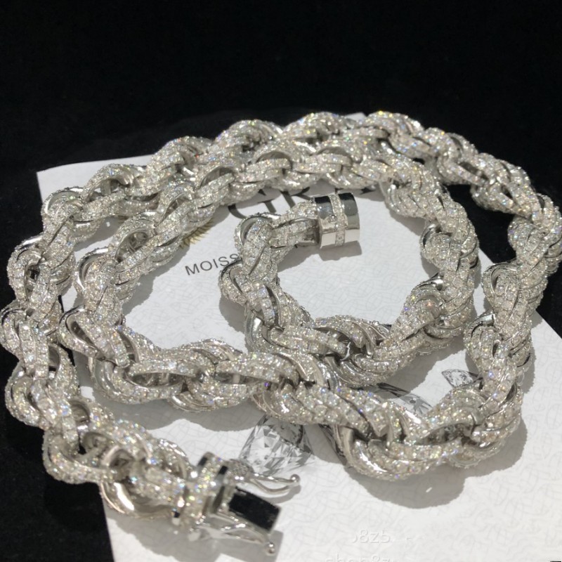 Moissanite Chains 12mm 18-24inch 925 Sterling Silver Passed Test Moissanite Rope Chain Necklace for Women/Men Nice Gift