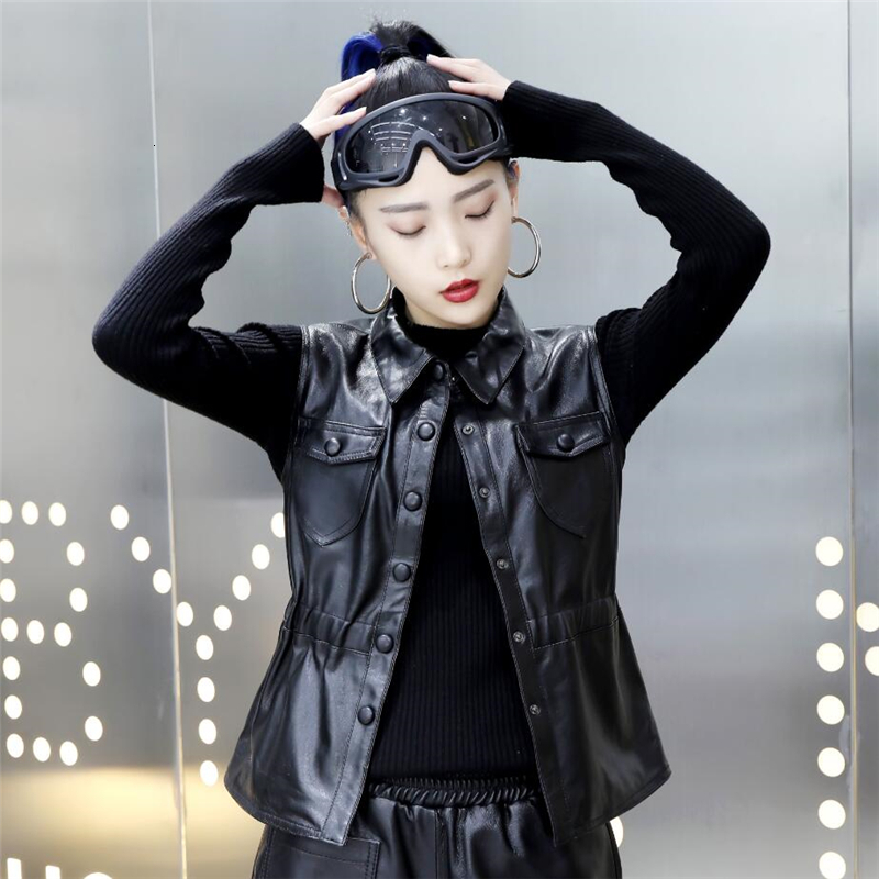 Women's Jackets Leather Waistcoat Spring Autumn Lapel Short Sheepskin Tops Genuine Slim Sleeveless Vest Outer Wear 230324