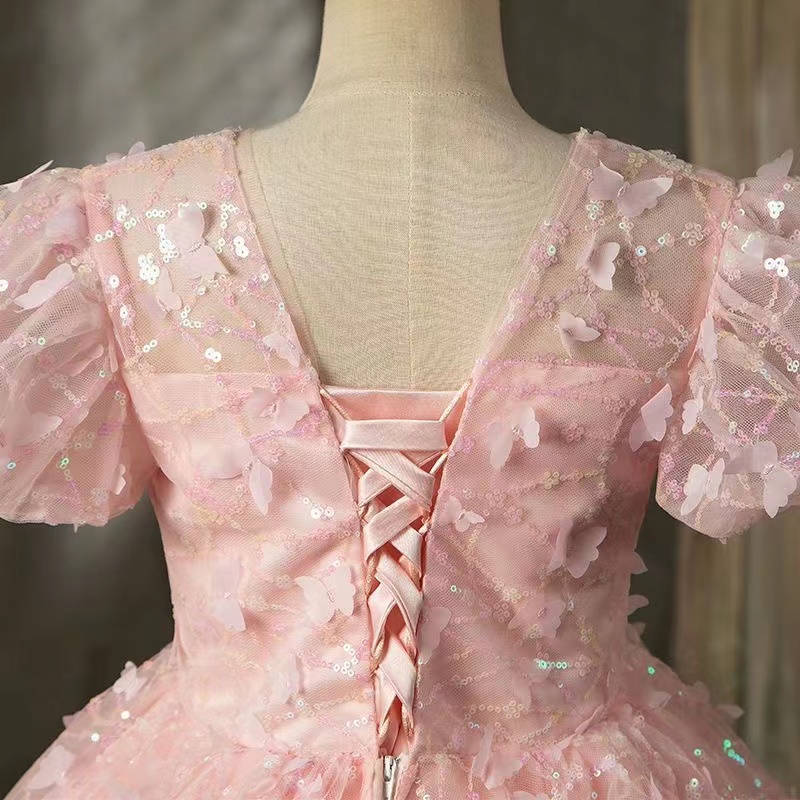 S Pink Flower Dresses Appliques Ball Gown Sequined Birthday Party Girls Pageant Gowns Lace Applique First Communion Princess Dress 403