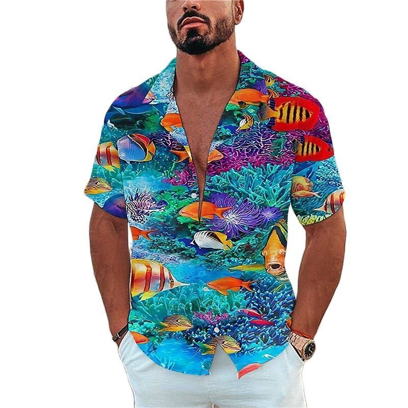Mens Casual Shirts Marine Life Printing Tees Beach Vacation Style Hawaiian Fashion Lapel Single-Breasted Leisure Short SleeveTops