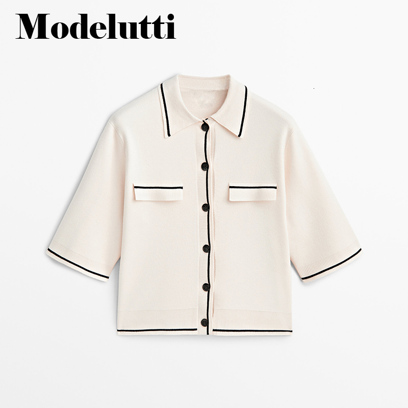 Women's Knits Tees Modelutti 2023 Spring Women Fashion Color Clash Short Sleeve Knitted Sweater Cardigans Coat Versatile Tops Female Chic 230324